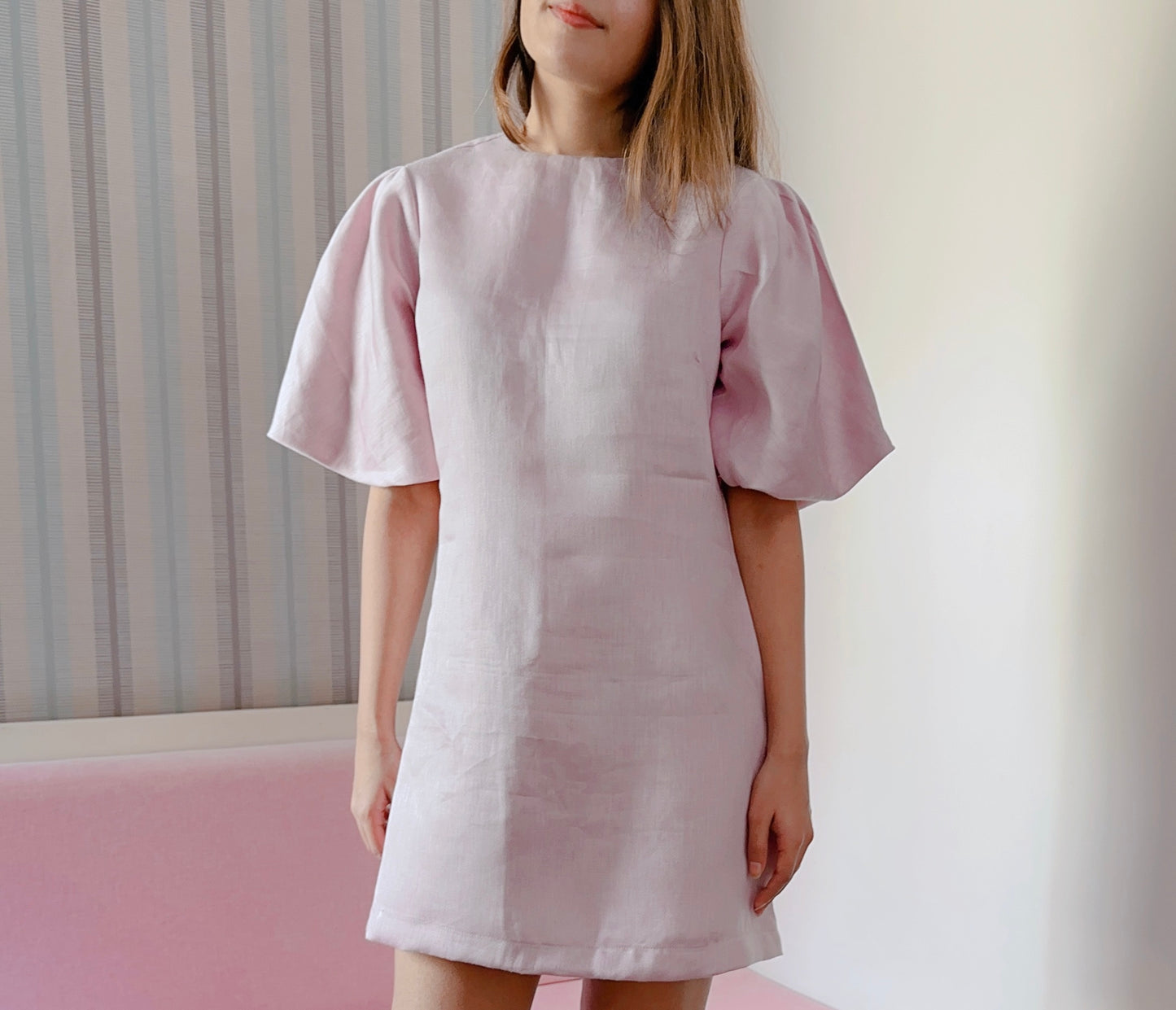 Pure Linen Puffy Sleeve Dress in Lavender