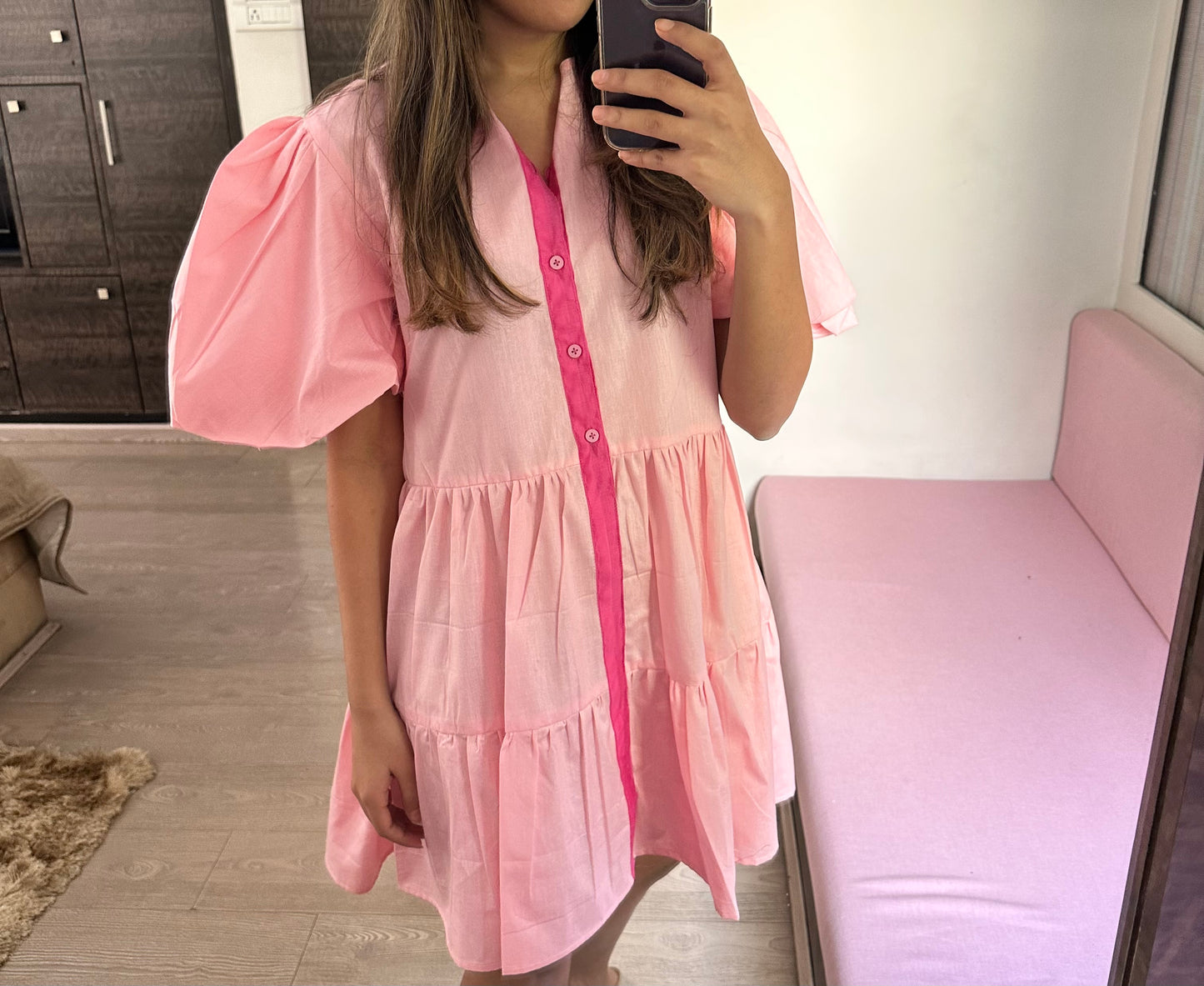 Contrast Lining Puffy Sleeve Dress