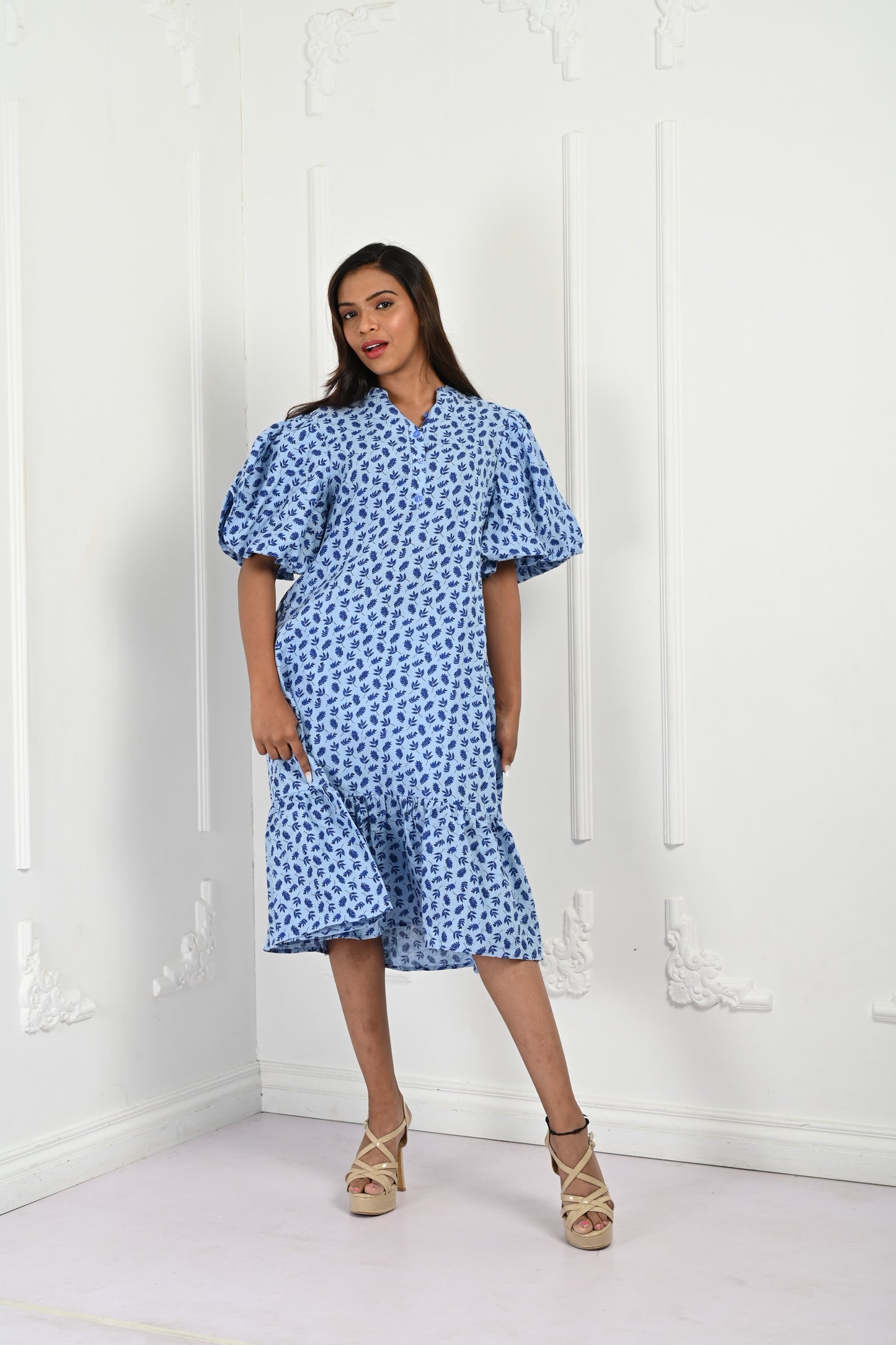 Linen Puffy Sleeve Dress