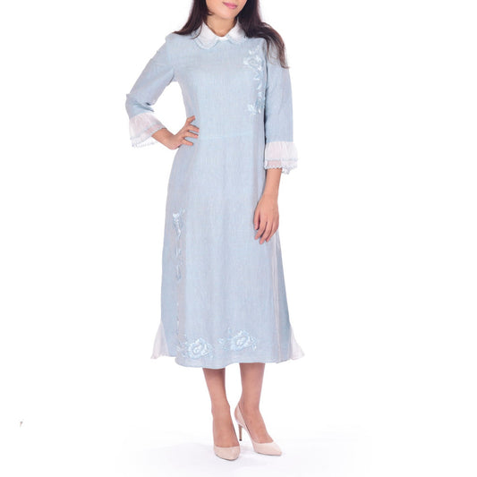 Powder Blue Organza detail Pure Linen Dress