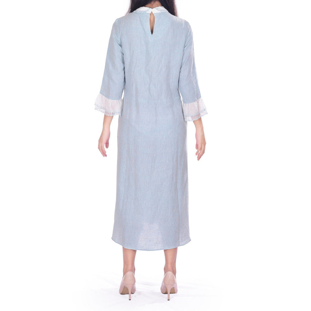 Powder Blue Organza detail Pure Linen Dress