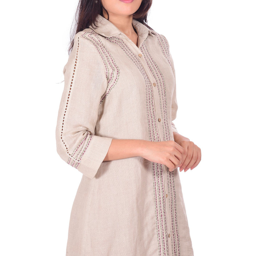 Beige Pure Linen dress with handwork embroidery