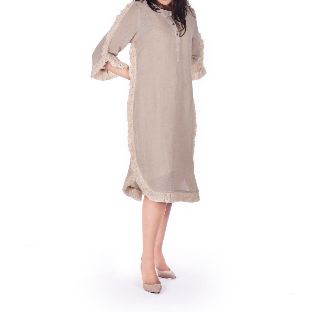 Beige Pure Linen Dress with fringes