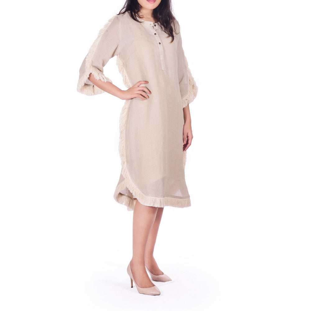 Beige Pure Linen Dress with fringes