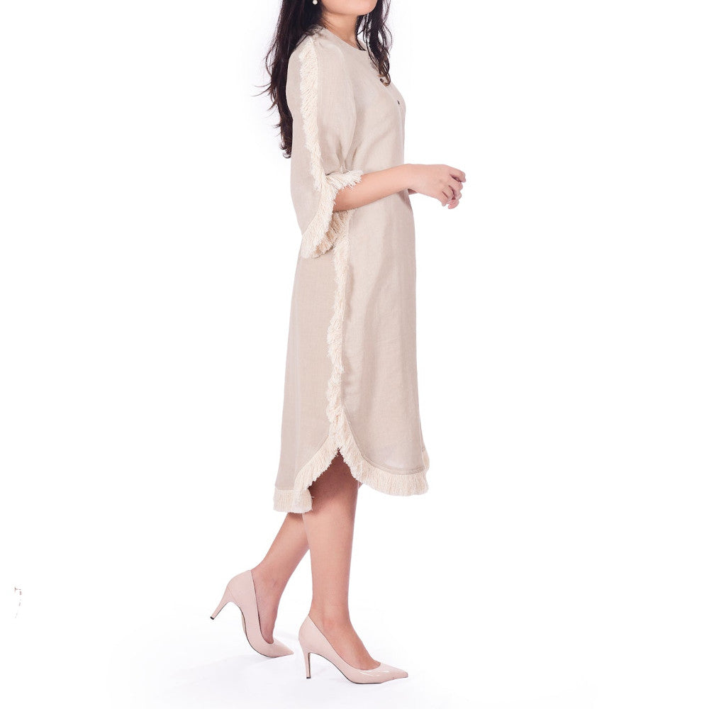 Beige Pure Linen Dress with fringes