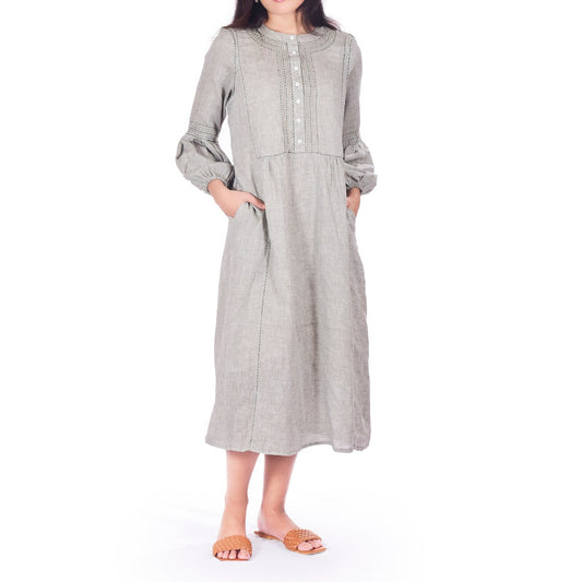 Grey Pure Linen Dress with Handwork