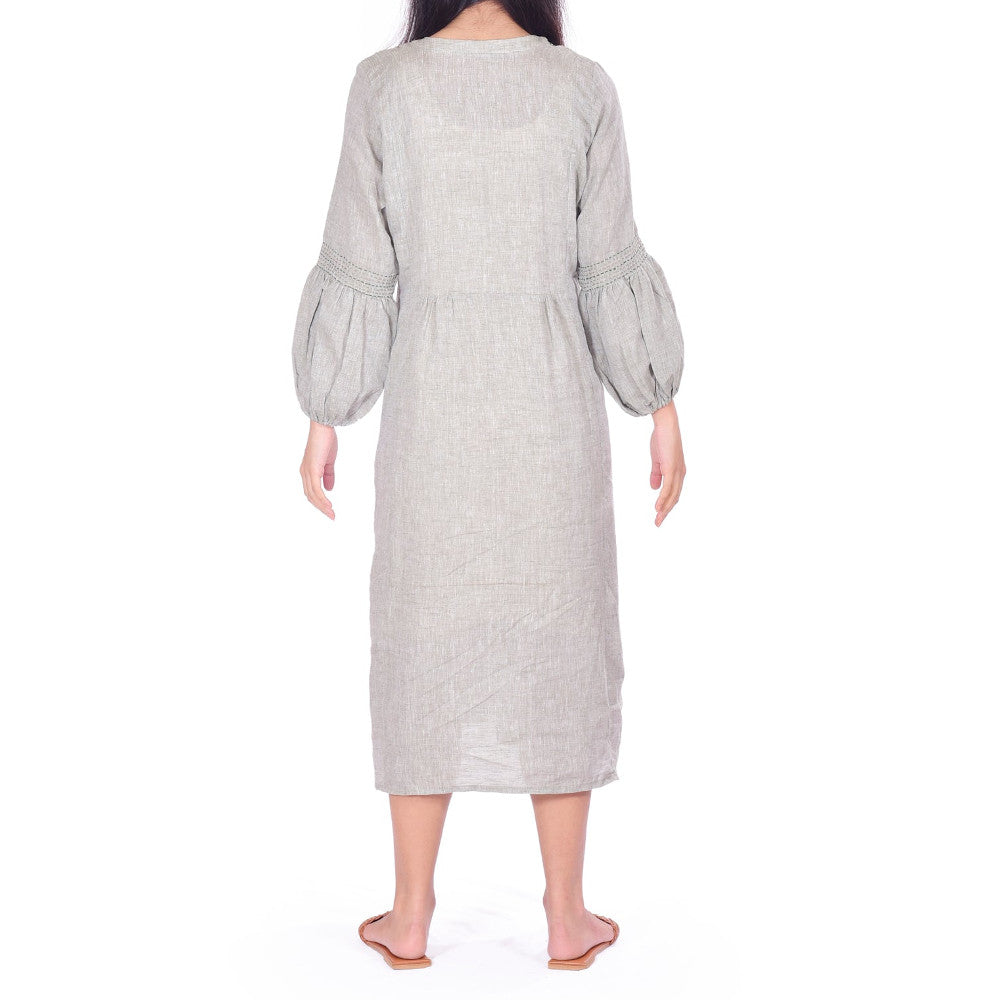 Grey Pure Linen Dress with Handwork