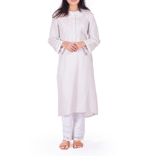 Pure Linen Kurta Set with Embroidery in Slate