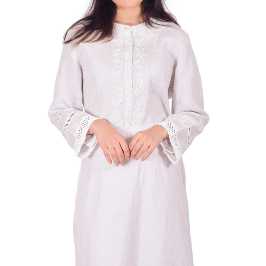 Pure Linen Kurta Set with Embroidery in Slate