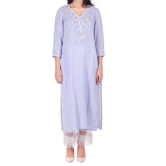 Pure Linen Handwork Kurta in Blue