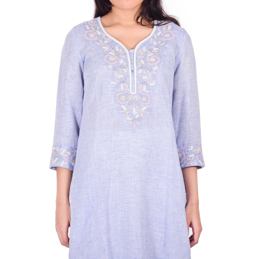 Pure Linen Handwork Kurta in Blue