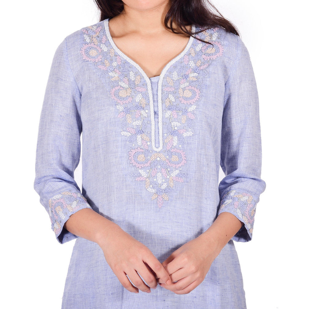 Pure Linen Handwork Kurta in Blue