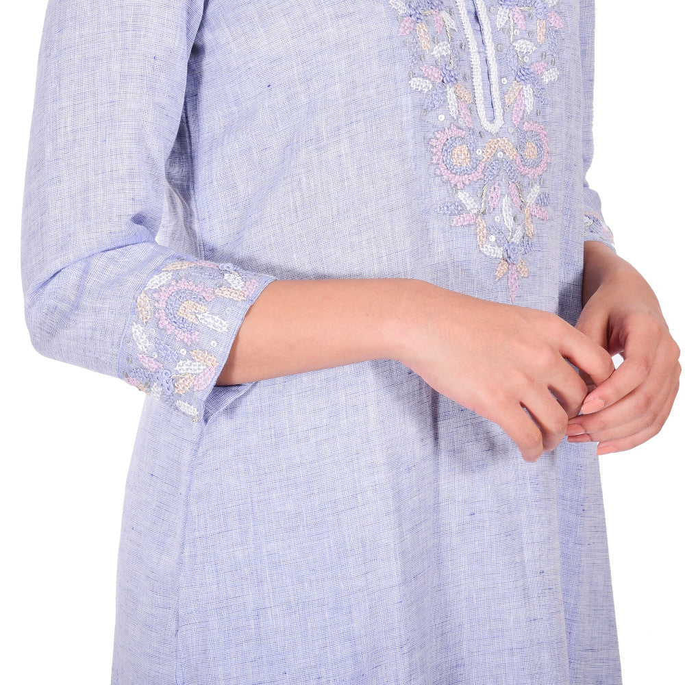 Pure Linen Handwork Kurta in Blue