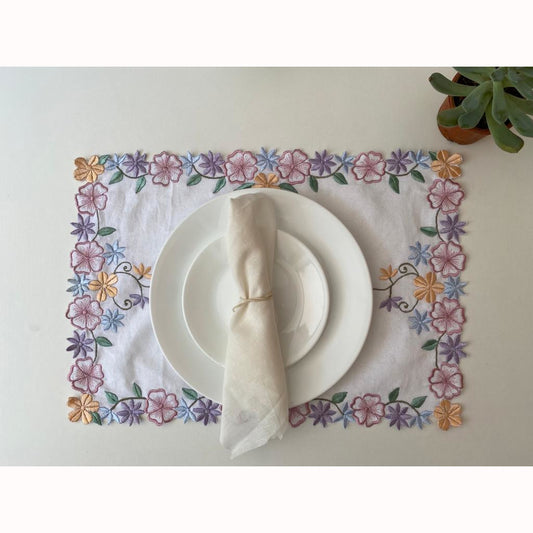 Floral garden embroidered Linen Table mat