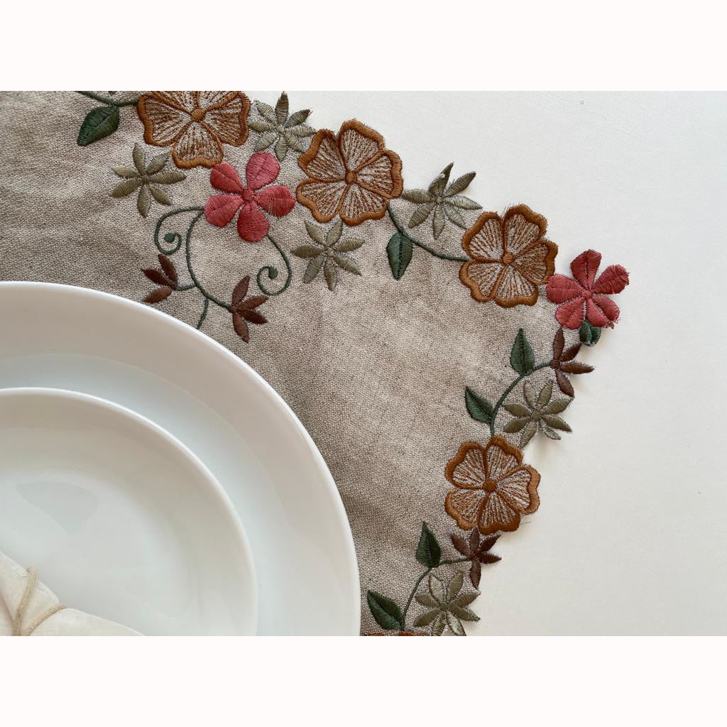 Floral garden embroidered Linen Table mat in neutrals