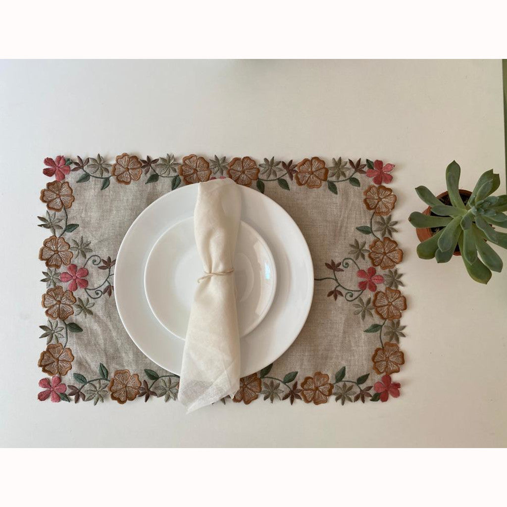 Floral garden embroidered Linen Table mat in neutrals