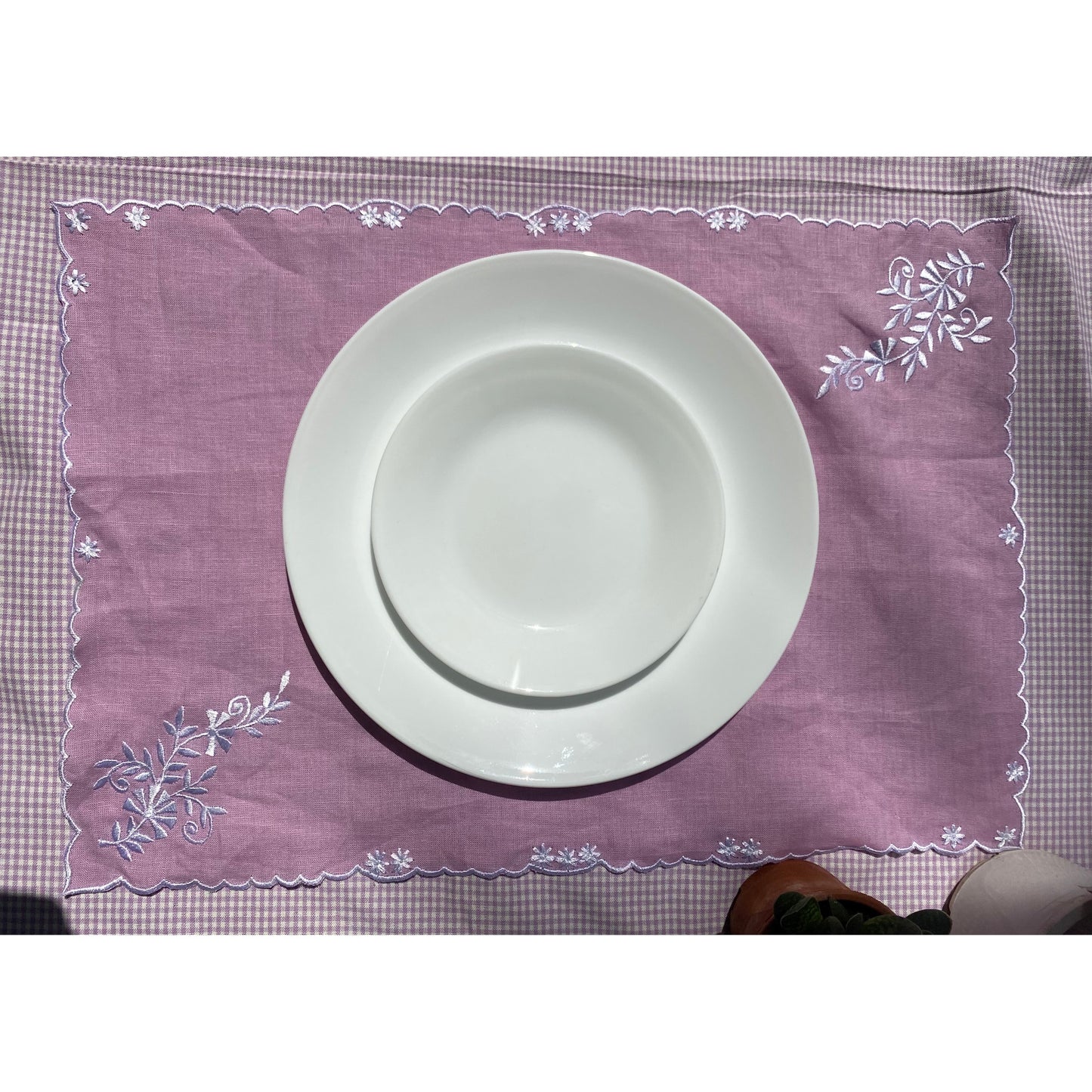 Lavender Embroidered Linen Table Mat with Scalloping