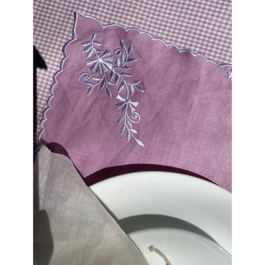 Lavender Embroidered Linen Table Mat with Scalloping