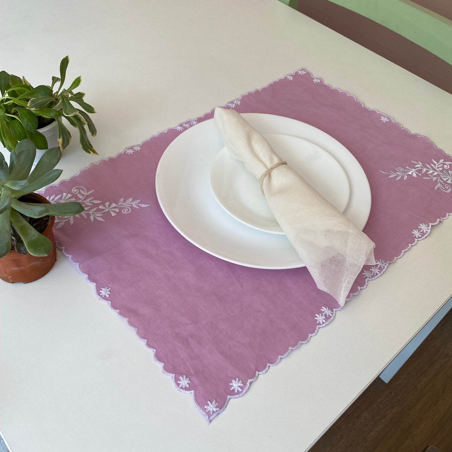 Lavender Embroidered Linen Table Mat with Scalloping