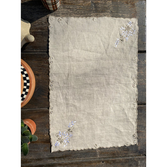 Beige Embroidered Linen Table Mat with Scalloping