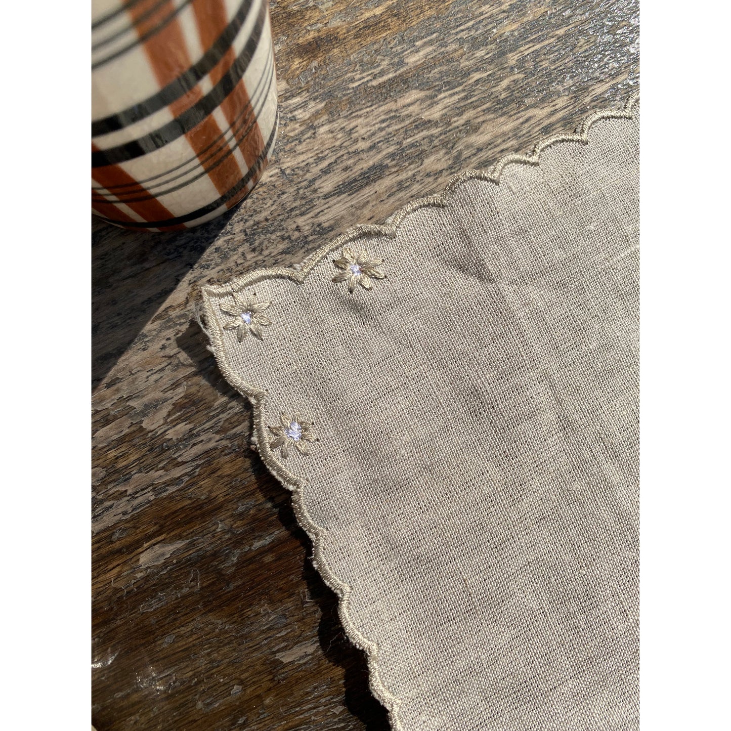 Beige Embroidered Linen Table Mat with Scalloping