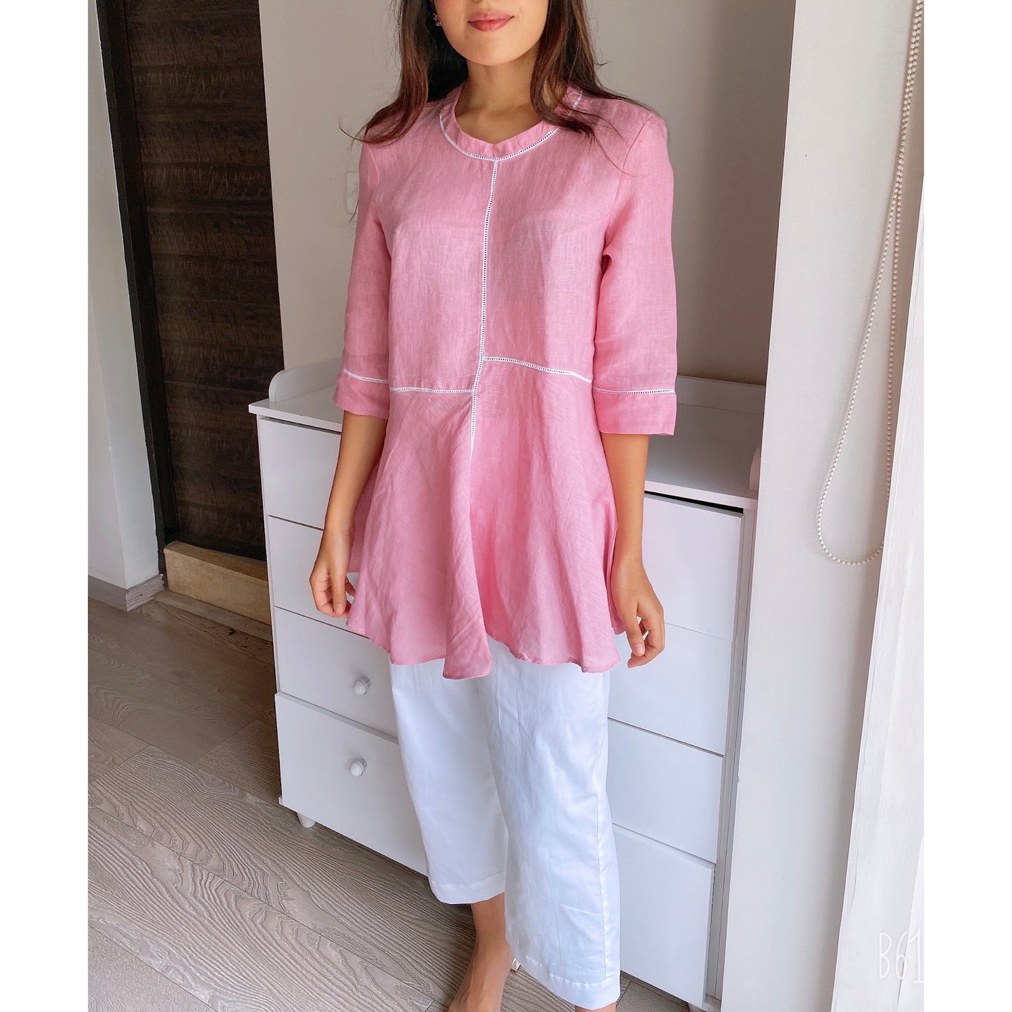 Pure Linen Lace Kurta in Bubblegum