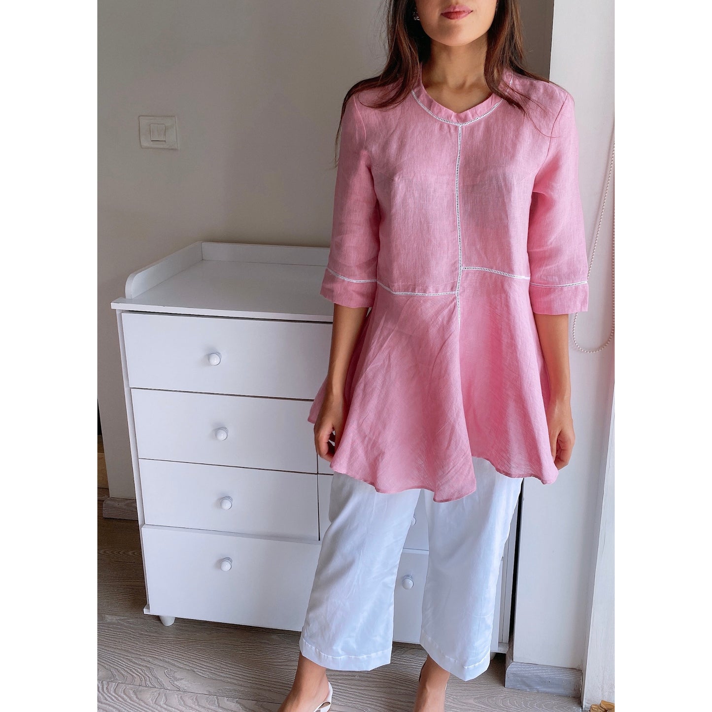 Pure Linen Lace Kurta in Bubblegum