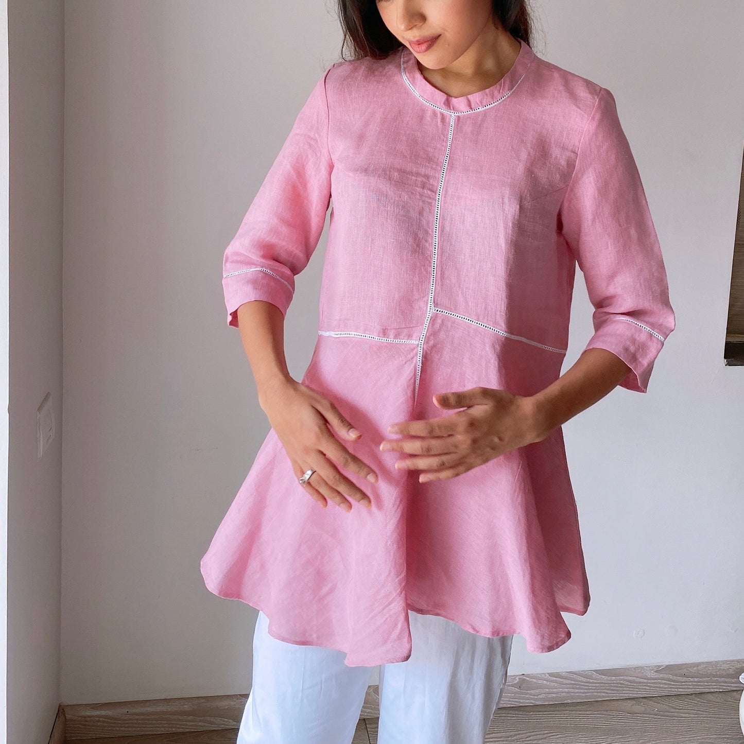 Pure Linen Lace Kurta in Bubblegum