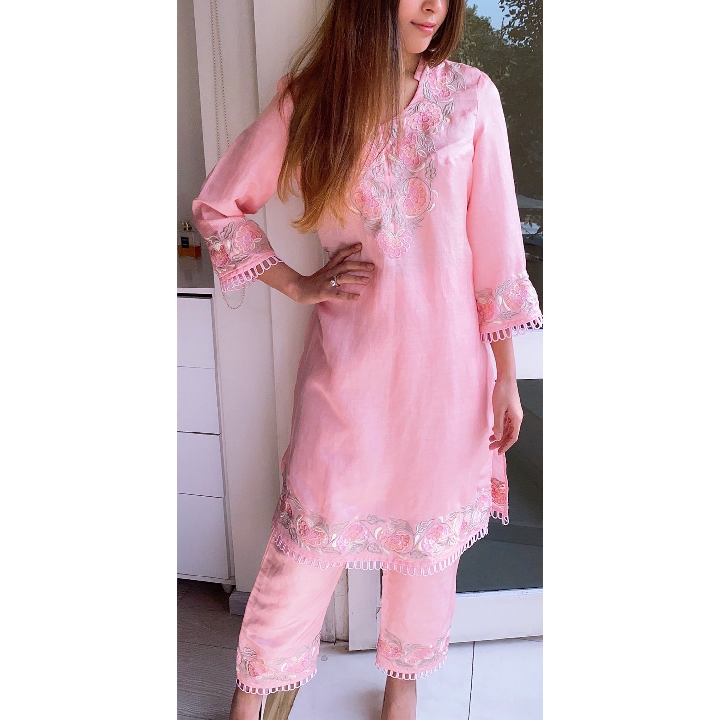 Peach Fizz Kurta Set with Embroidery