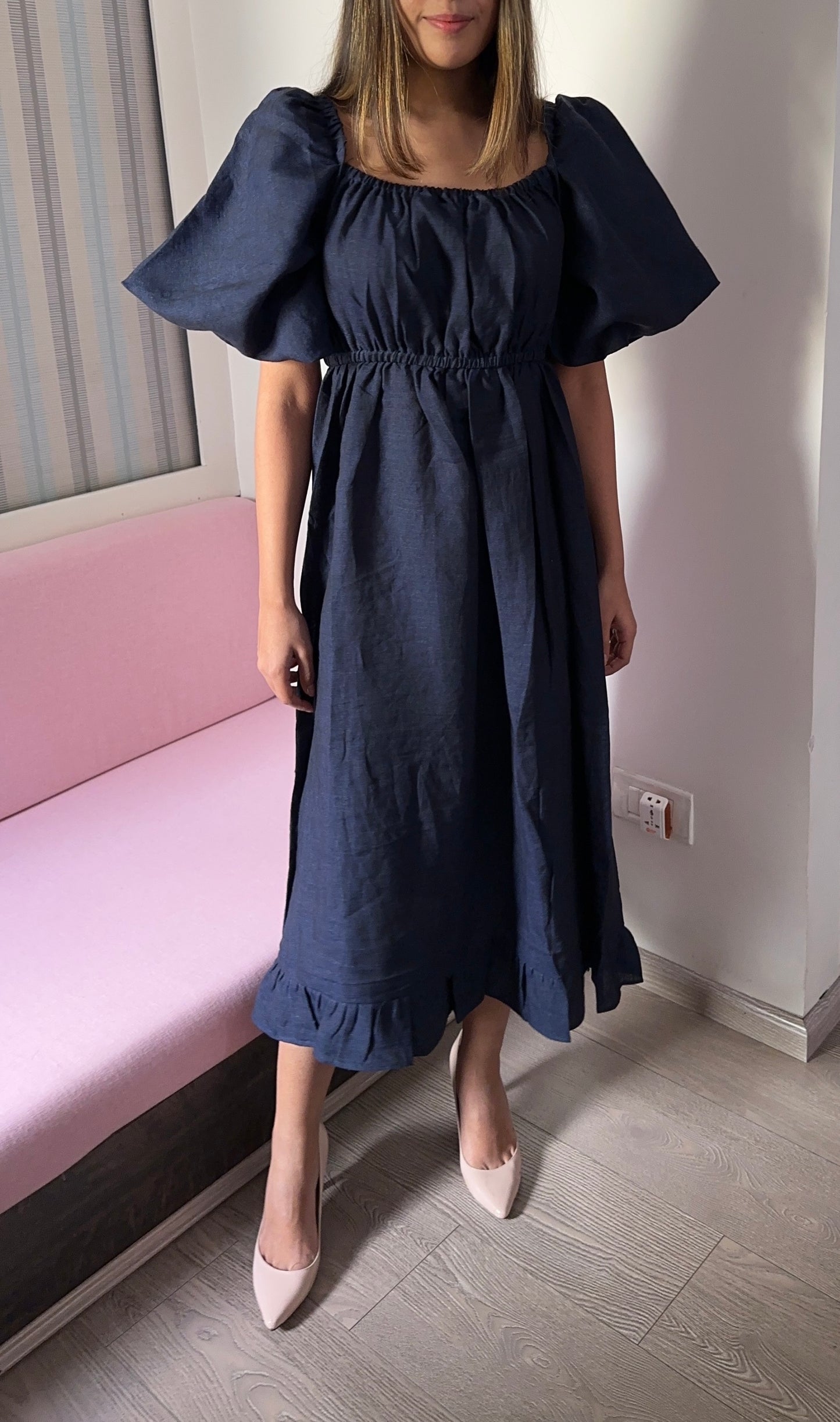 Pure Linen Dress in Navy Blue