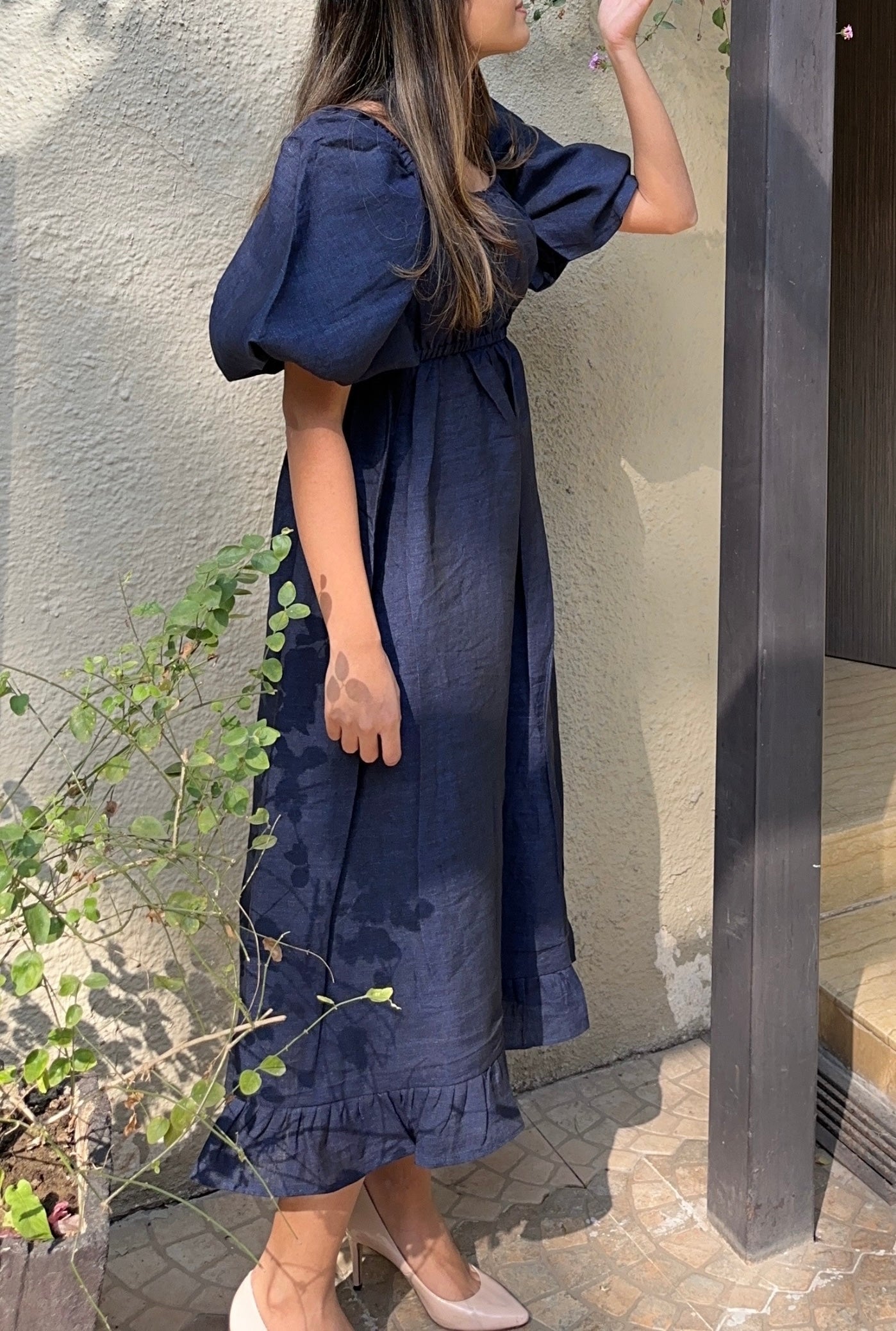 Pure Linen Dress in Navy Blue