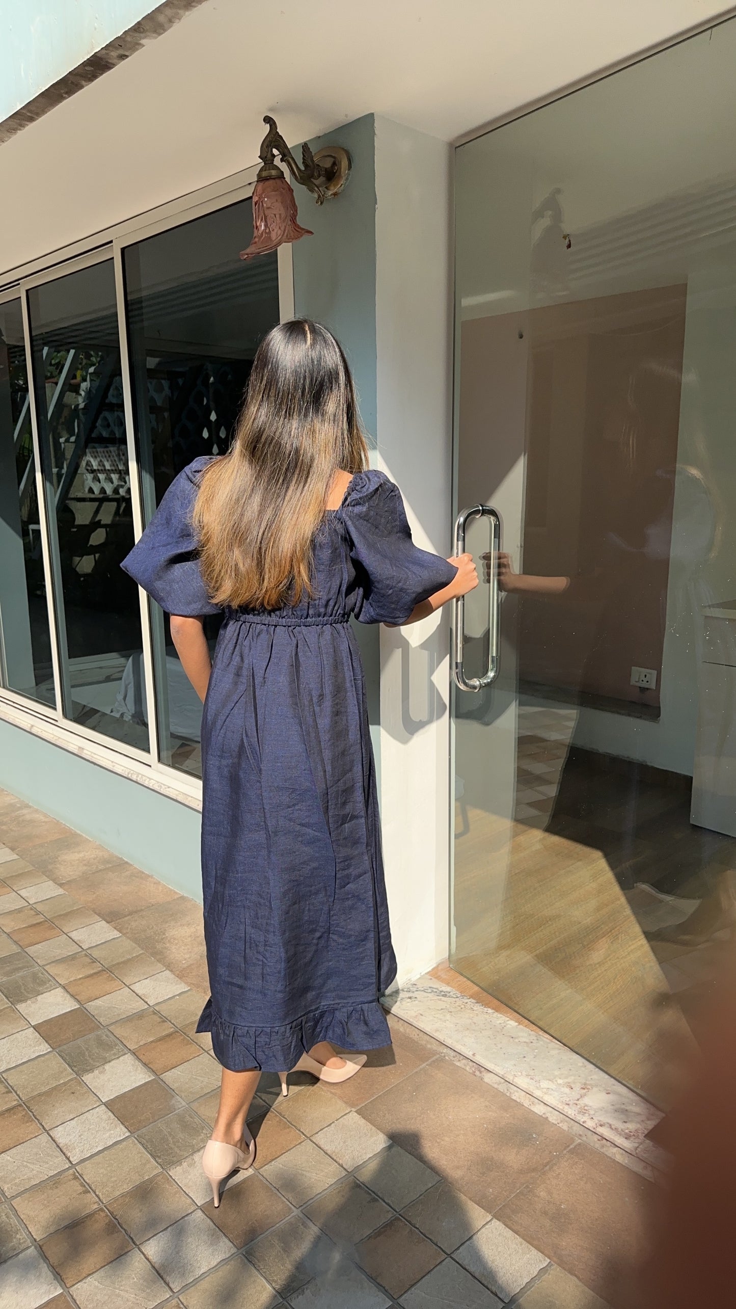 Pure Linen Dress in Navy Blue