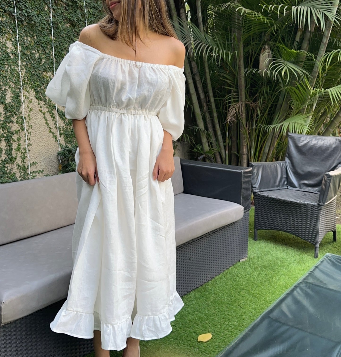 Pure Linen Midi Dress in White