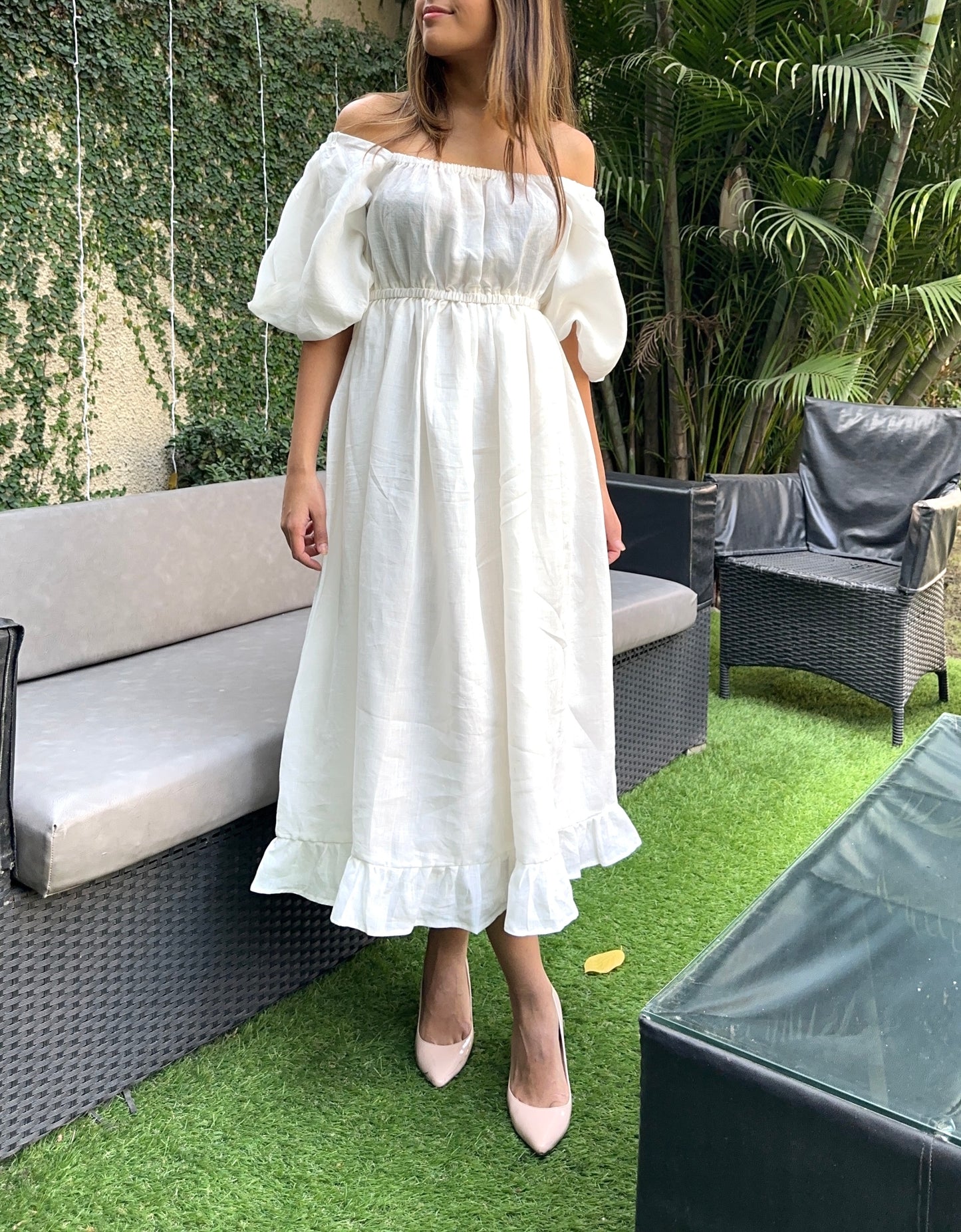 Pure Linen Midi Dress in White