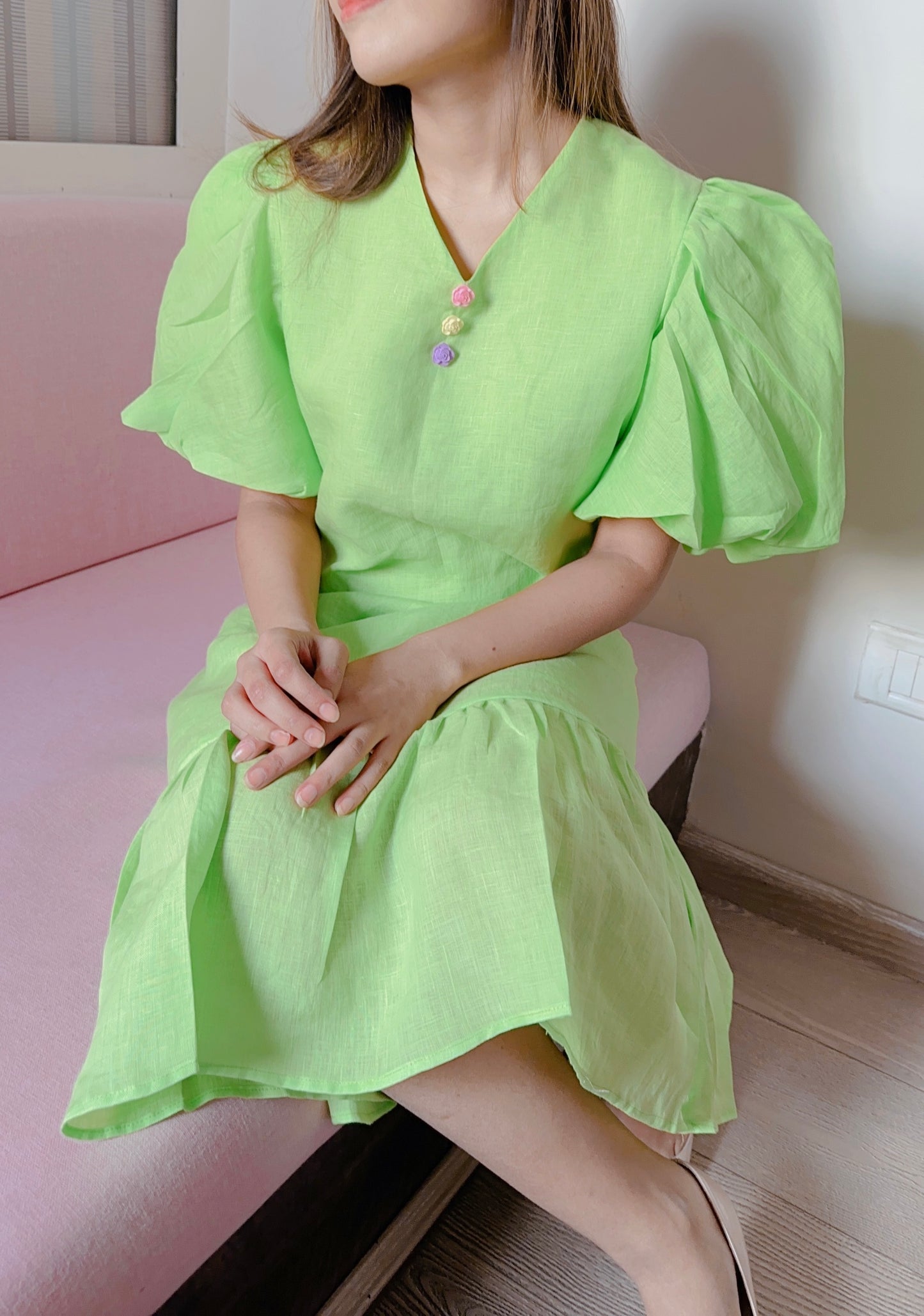 Pure Linen Puffy Sleeve Dress in Lime