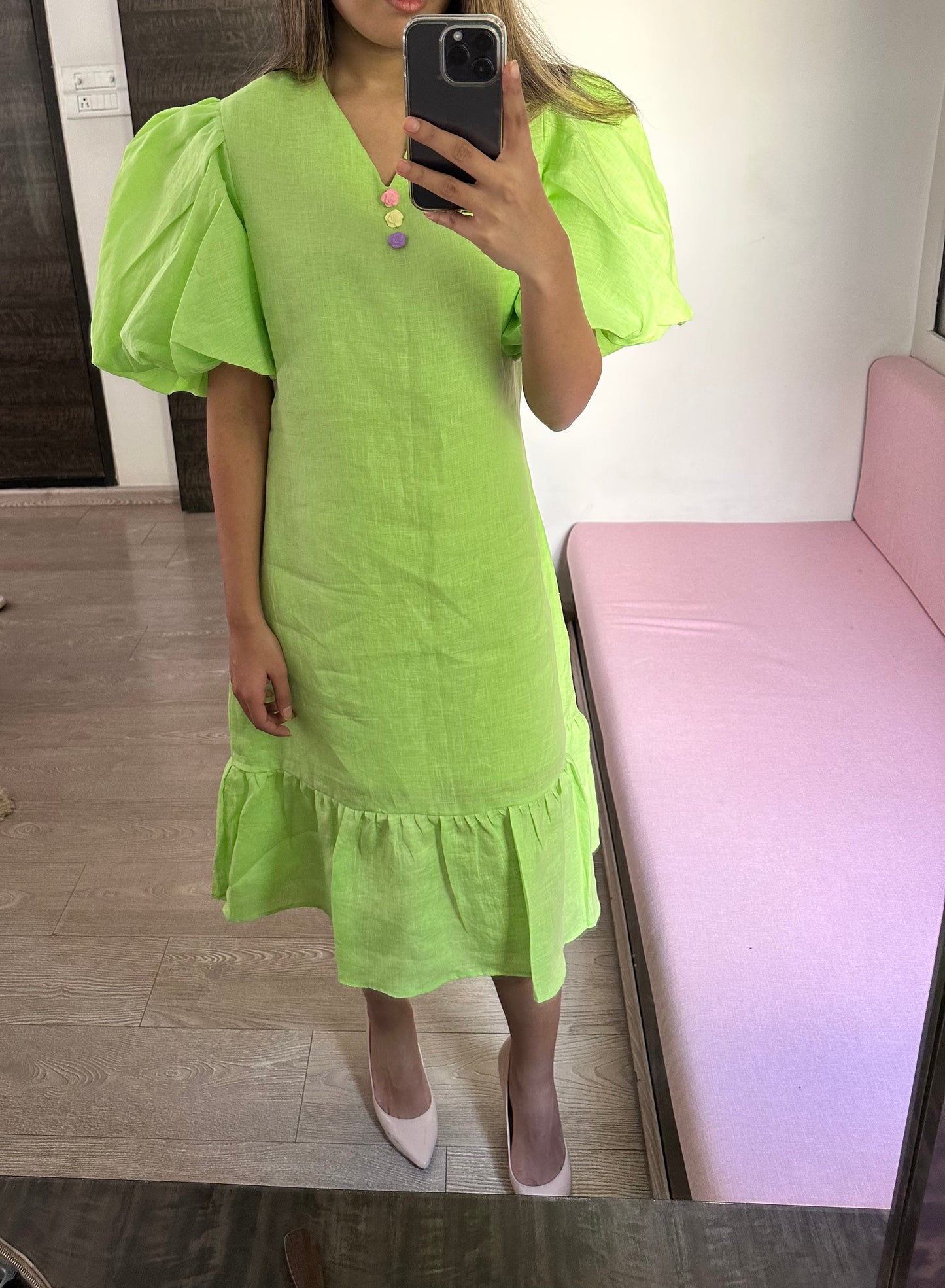 Pure Linen Puffy Sleeve Dress in Lime