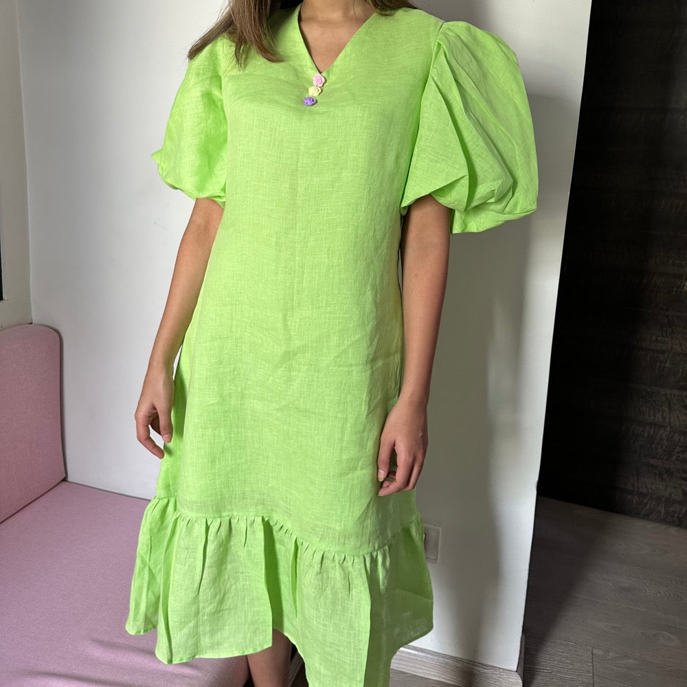 Pure Linen Puffy Sleeve Dress in Lime